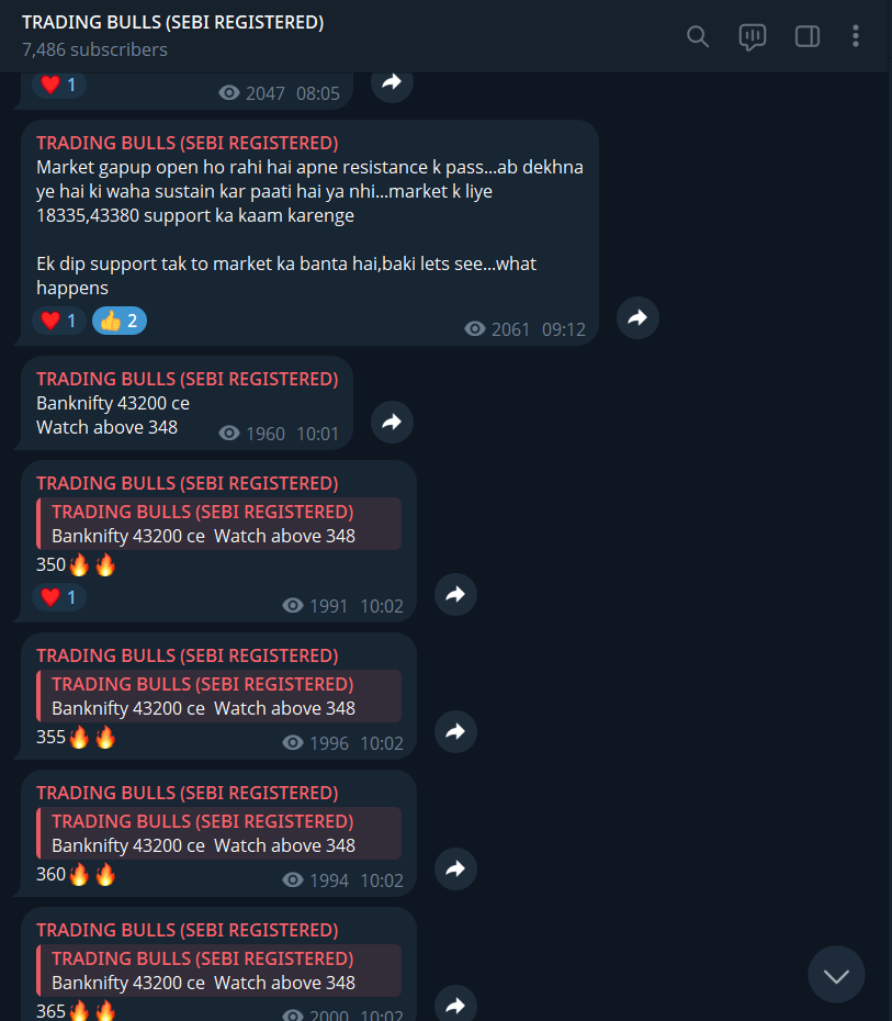 Telegram channel posts showing trading calls and updates