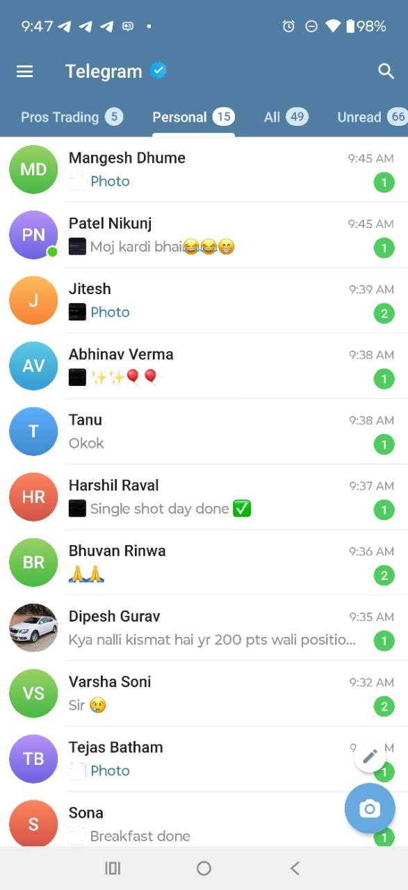 Telegram personal chat list showing multiple positive replies